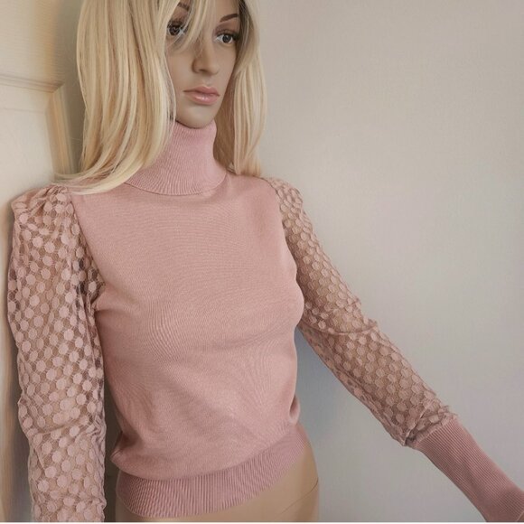 LOVE TREE Turtleneck Sheer Polka Dot Mesh Long Sleeve Sweater Pink Size S - Picture 2 of 9